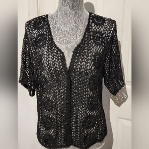 Black Knitted See Through with Medallions Short Sleeve Sweater Vest